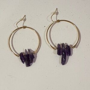 Gold Hoop Earrings with Genuine Raw Amethyst Purple Stones